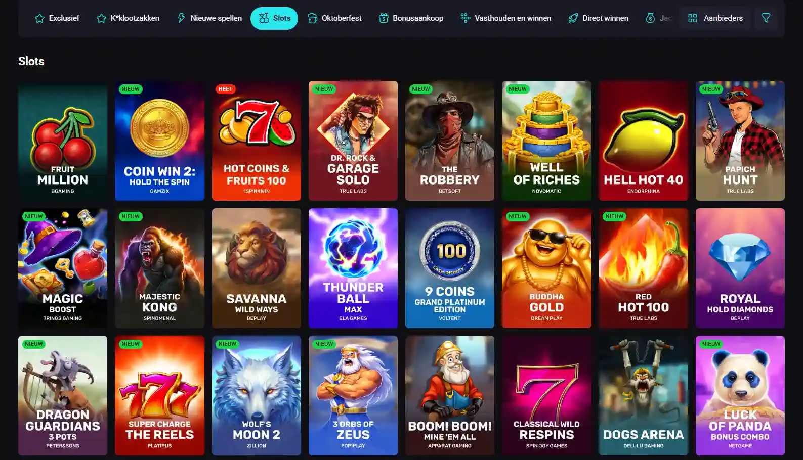 Actuele weergave van de actuele NovaDreams spellengrid met categorieën en providernamen