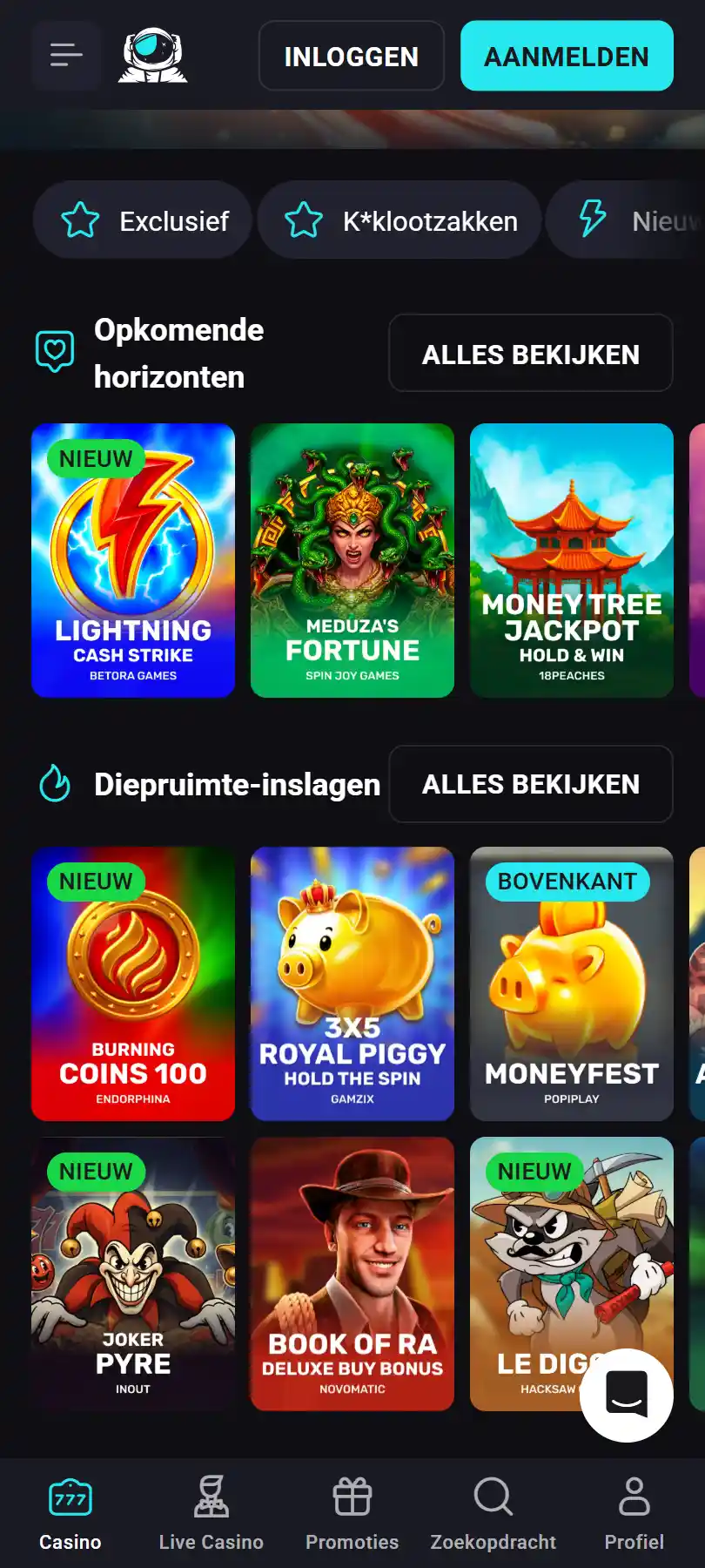 Actuele NovaDreams-homepage in een mobiele browser