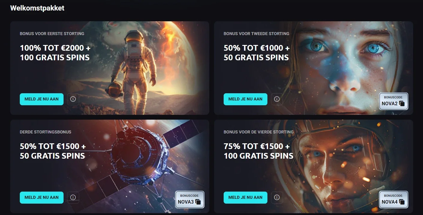 Actuele weergave van de actuele NovaDreams-promotiepagina met het vierdelige welkomstpakket