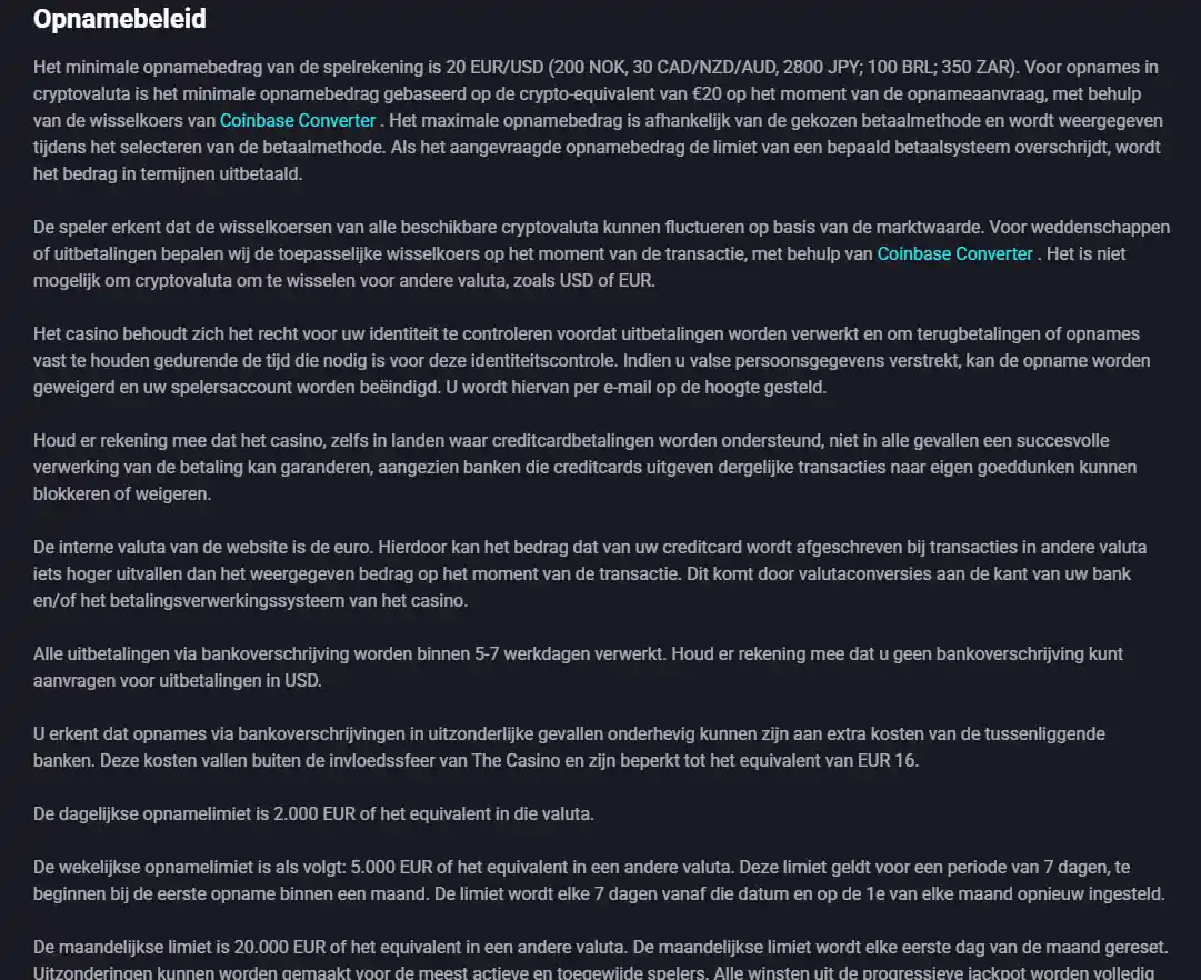 Actuele weergave van de NovaDreams sectie in de voorwaarden met actuele opnamebeleid en opnamelimieten